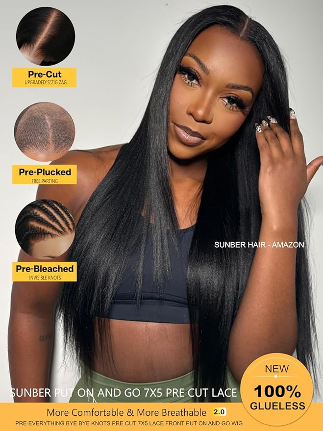 Sunber Yaki Straight Human Hair Wig Pre Cut 7x5 HD Lace Front Wig Bye Bye Knots Pre Plucked Bleached Knots Put On and Go Glueless Yaki Straight Human Hair 180% Density 14Inch Yaki Straight Wigs