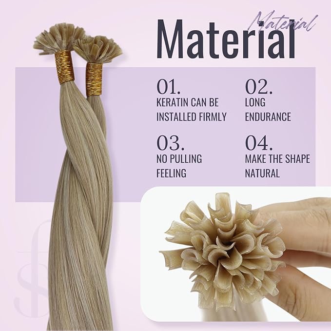Fshine K Tip Hair Extensions Real Human Hair Pre Bonded Fusion Ash Blonde Mixed with Bleach Blond Highlighted Straight Hair Extensions 50g/50s 20 Inch U Tip