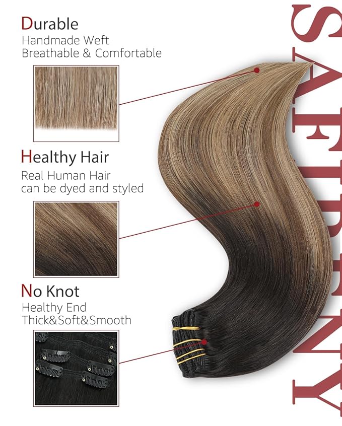 Clip in Hair Extensions Real Human Hair, 20 Inch 120g,Natural Black Roots Chocolate Brown With Caramel Blonde, Clip On Hair Extensions 6pcs Per Set with 18 Clips(#1B/4/27,20")
