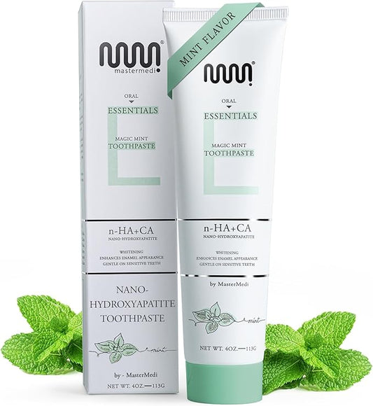 MasterMedi Nano Hydroxyapatite Whitening Toothpaste with Xylitol – Fluoride & SLS Free, Remineralizing Formula for Sensitive Teeth, Enamel Repair & Strength, Magic Mint, 4 oz (Pack of 1)