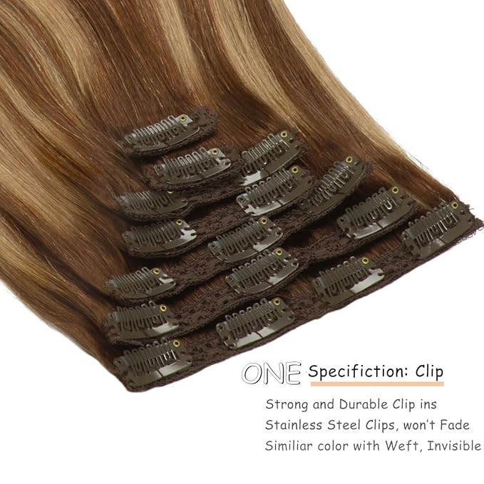 Caliee Clip in Hair Extensions Human Hair Double Weft Lace Hair Chocolate Brown #4 Mixed Caramel Blonde #27 with Chocolte Brown Roots 140g 20inch Natural Straight Remy hair