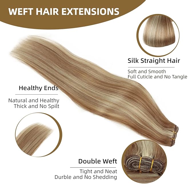 Sew in Hair Extensions Real Human Hair, 110g 24 inch Highlighted Color Ash Brown Mix with Platinum Blonde Hair Extensions Double Weft Remy Straight Weave Bundles Human Hair