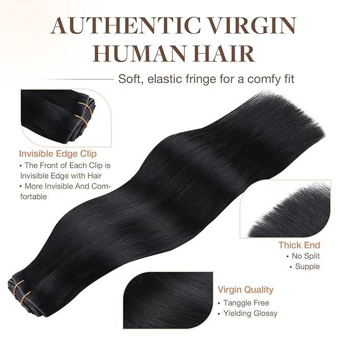 GOO GOO Invisi Edge Clip in Hair Extensions 16inch 160g 9Pcs Injected Seamless PU Clip in Hair Extensions, Virgin Real Human Hair, #1 Jet Black