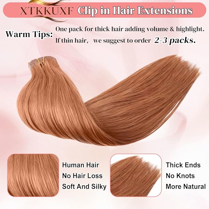 Seamless Clip in Hair Extensions Real Human Hair For Women 125g 20 Inch Copper Invisible PU Skin Weft Red Remy Human Hair Extensions clip ins 7Pcs 18 Clips