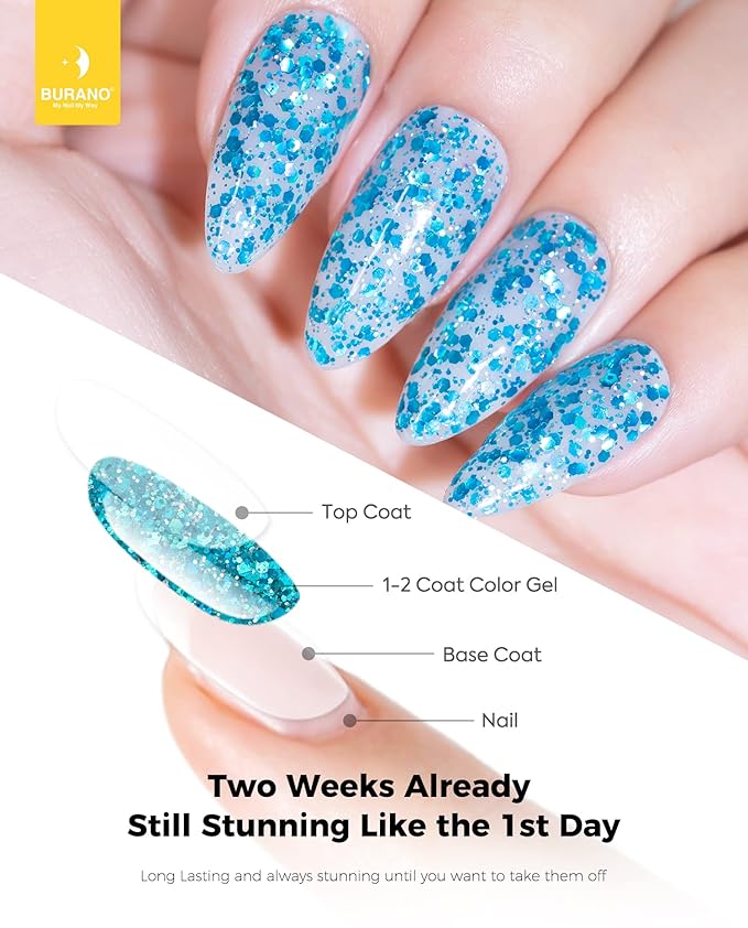 BURANO Glitter Nail Polish, LED UV Shimmer Holographic Effect Soak Off, No Chip Sparkle Polish for Home DIY Nail Salon (Lake Blue LP5)