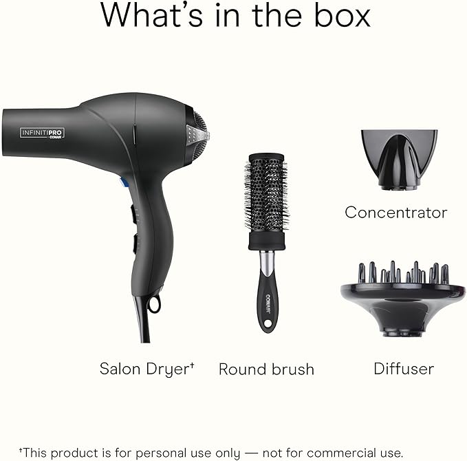 Infiniti PRO CONAIR Hair Dryer with Diffuser, Professional AC Motor, Tourmaline Ceramic Technology Blow Dryer, Includes Concentrator and Blowout Brush, Amazon Exclusive, Gray
