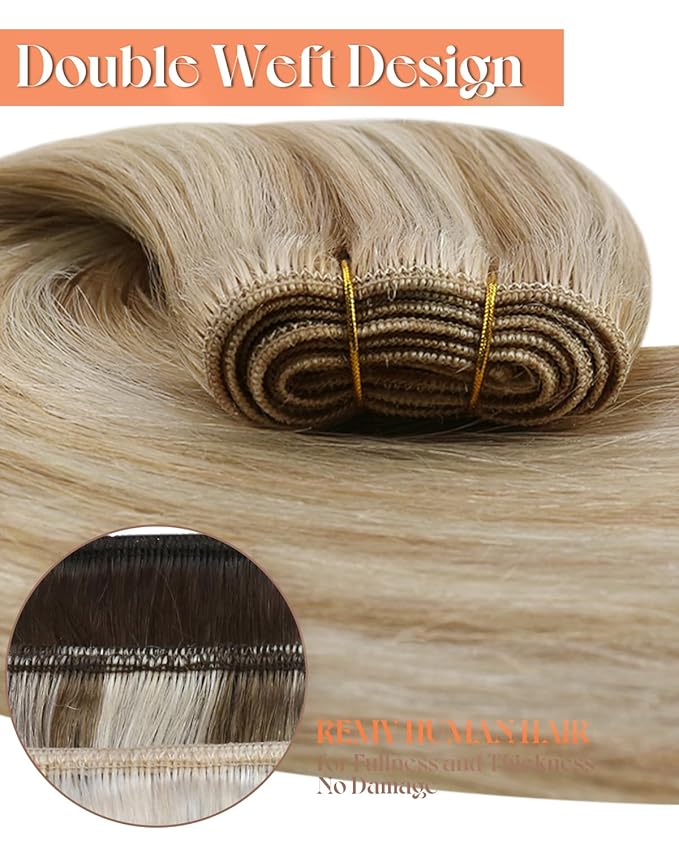 Sunny Hair Human Hair Weft Extensions Blonde Highlights Sew in Hair Extensions Real Human Hair Ash Blonde Mix Light Blonde Weft Hair Extensions Human Hair Bundles Remy Straight Hair 16inch 100g