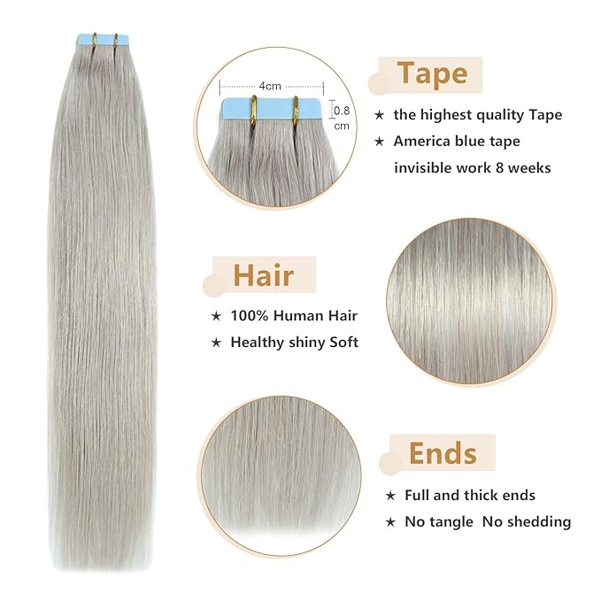 YILITE 20Pieces/Pack 50g Silver Tape in Hair Extensions Human Hair 20inch Tape in Hman Hair extensions Remy Hair, Grey Tape in Hair Extensions (20inch Silver)