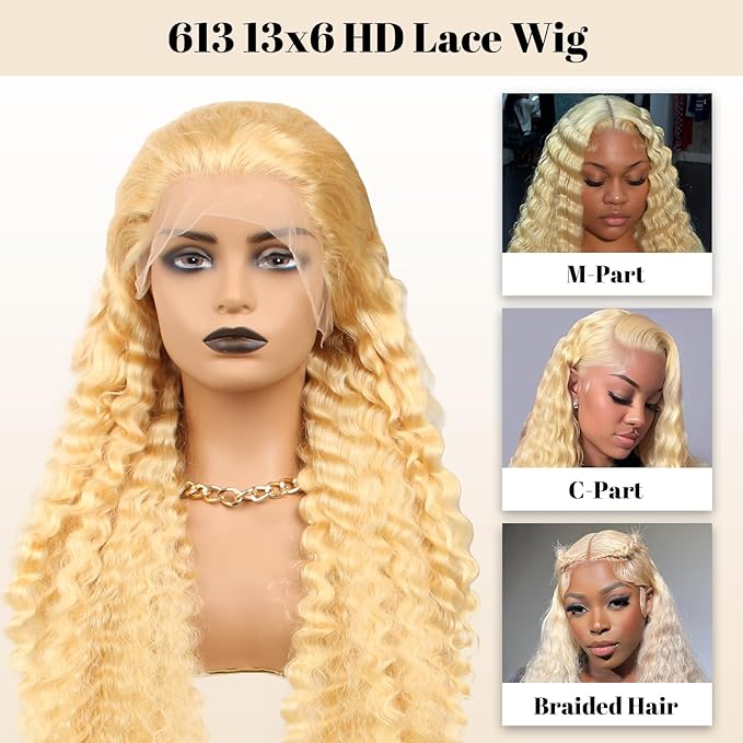613 Lace Front Wig Human Hair 20 Inch 13x6 Blonde Wig Human Hair 613 Deep Wave HD Lace Frontal Wig 200% Density Long Blonde Curly Wig Water Wave 613 Wig Pre Plucked With Baby Hair for Women