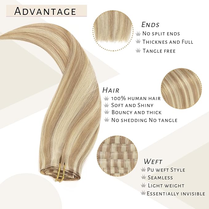 Caliee Clip in Hair Extensions Real Human Hair 18 Inch Invisible Ultra-Thin PU Skin Weft P8-60A Light Brown with Platinum Blonde Comfortable Straight Human Hair Clip in Extensions