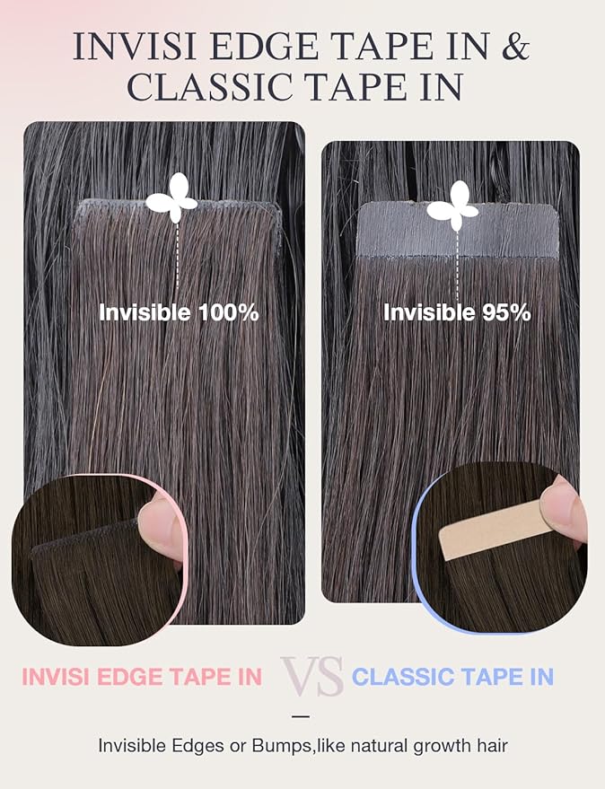 DOORES Invisi Edge Human Hair Extensions Tape in, Natural Black to Dark Brown and Chocolate Brown 10 Injection Tape-ins with 10 Classic Tape-ins 50g 24 Inch, Injection Tape in Extensions