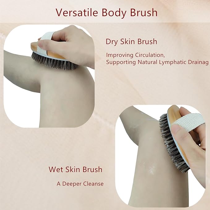 Dry Brushing Body Brush, Exfoliating Back Scrubber Natural Horsehair Bath Brush with 16.5” Long Handle Detachable for Shower, Skin Exfoliation, Cellulite and Lymphatic Improvement Gift