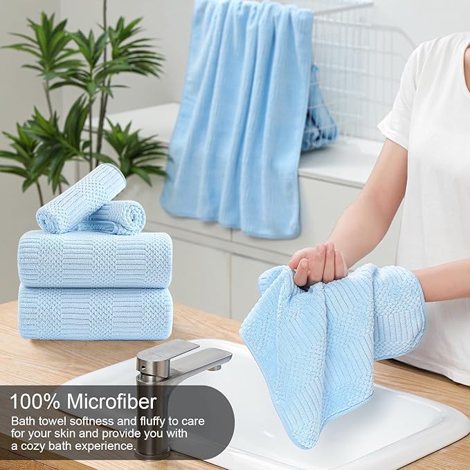 Ycosy 4 Pack Extra Large Microfiber Bath Towels Set,35x70 inches,600GSM,Less Lint Highly Absorbent Super Soft & Quick Dry,Oversized Bath Towels,Perfect for Bathroom Gym Pool,Blue