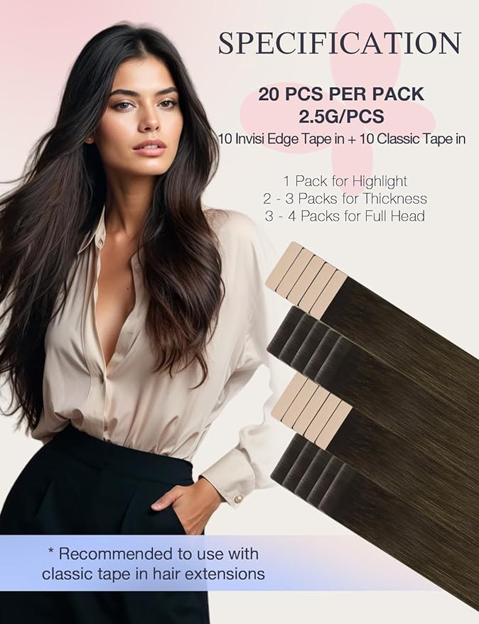 DOORES Invisi Edge Tape in Hair Extensions Real Human Hair, Natural Black to Dark Brown and Chocolate Brown 10 Injection Tape-ins with 10 Classic Tape-ins 50g 22 Inch, Injection Tape in