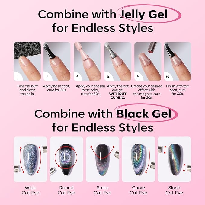 modelones Pink Cat Eye Gel Polish Slik Glitter Holographic Jelly Glass Cat Eye Light Rose Shimmer Reflective Translucent U v Gel Magnetic Nail Polish 15 ML