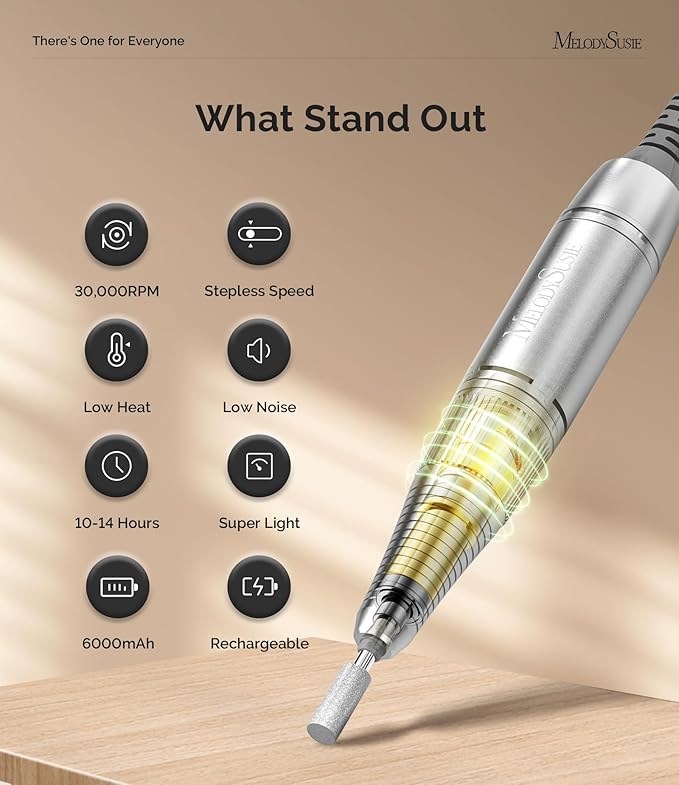 MelodySusie Entry-Level Clip-On Cordless Nail Drill, SC320H 30000RPM Popular Classic E-File with LCD Display for Manicure Shaping & Gel Removal, Perfect for Training, Nail Art Practice & Home Use