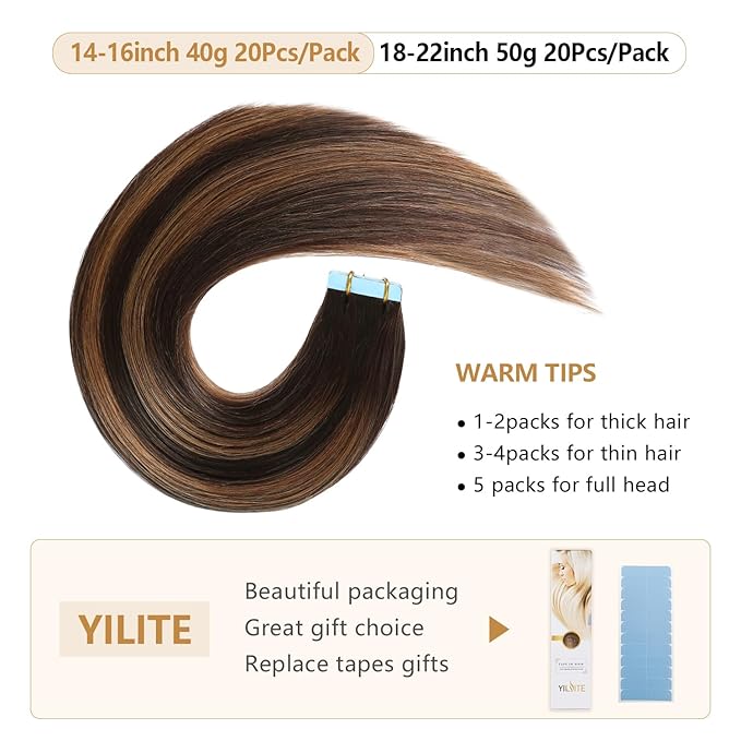 YILITE Tape in Hair Extensions 14 inch #2-6-2 Straight Hair Balayage Darkest Brown Roots Fading to Darkest Brown and Chestnut Brown 40g 20pcs Tape in Hair Extensions Real Human Hair(14 inch #2-6-2)