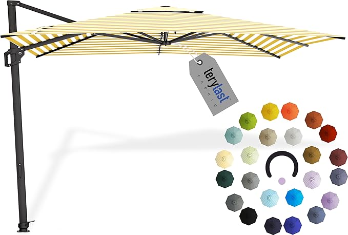 Midtown Umbrellas 9 x 9 Ft Outdoor Cantilever Patio Umbrella w/Terylast Yellow Stripes Fabric - Tilt 360° Offset Patio Umbrella, Deck Patio Umbrella, Backyard Umbrella & Garden Umbrella - Black Frame