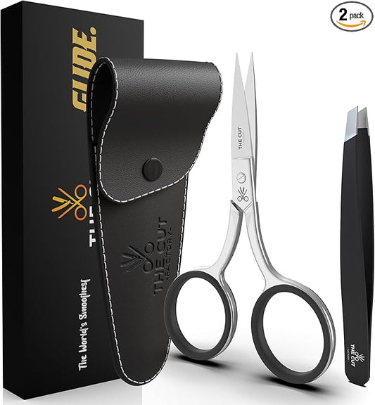 The Cut Factory 4.5" Facial Hair Scissors for Women & Eyebrow Scissors with Slanted Tweezer – Precision Trimming Set for Brows, Peach Fuzz & Detail Grooming