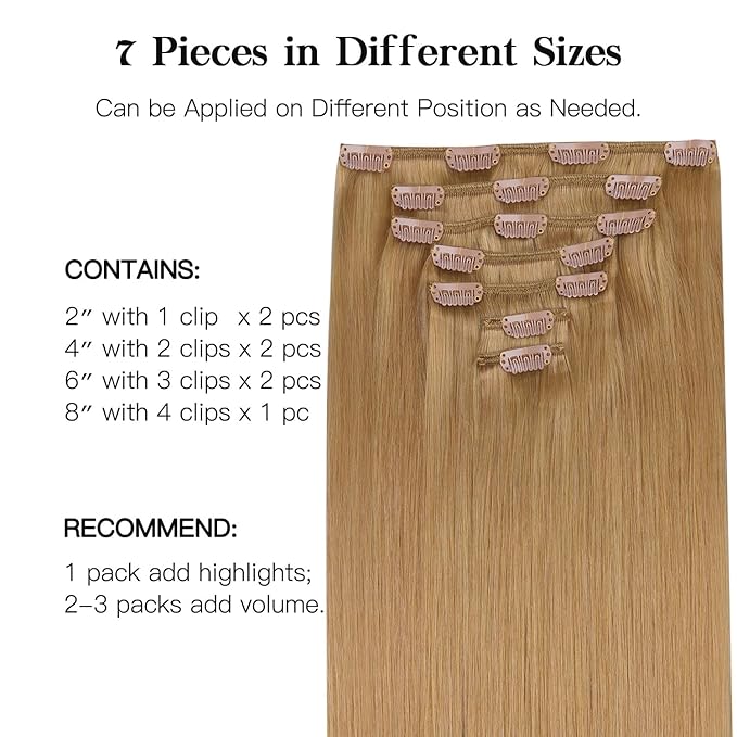 HOTBANANA Human Hair Clip in Hair Extensions, Honey Blonde Hair Extensions 120g Clip in Hair Extensions Real Human Hair Straight Remy Hair Clip Ins 24 Inch 7pcs