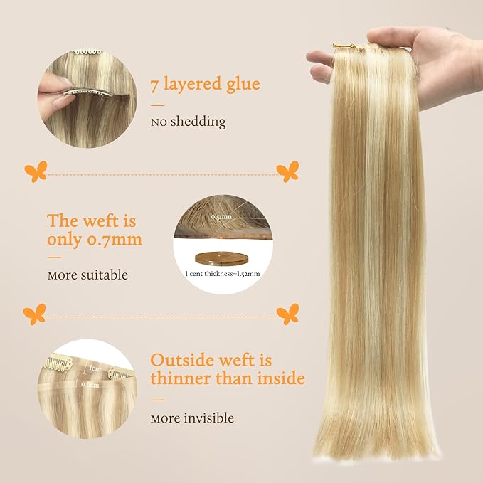 DOORES Human Hair Clip in Extensions, Dark Blonde Highlighted Bleach Blonde 22 Inch 110g 7pcs, Seamless Clip in Hair Extensions Real Human Hair Skin Weft Remy Straight Hair Invisi Edge Hair Extensions