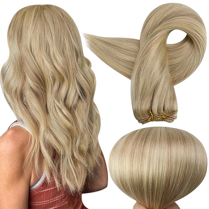 Full Shine Human Hair Weft Sew In Extensions For Women Color Honey Blonde Highlight Bleach Blonde Huamn Hair Weft Extensions Sew In Hair Extensions Remy Straigh Weft Blonde Bundles 80G 12 Inch