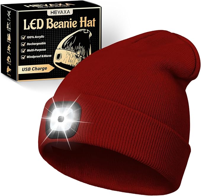 Unisex LED Beanie with Light, Rechargeable Headlamp Hat, Stocking Stuffers Christmas Gifts for Men, Warm Knitted Cap White Elephant Gifts for Dad Adults Teens Men Women Him