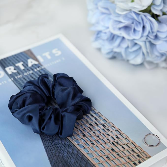 100% Mulberry Silk Scrunchies for Women and Girls,Pure Silk Hair Tie,No-Crease Ponytail Holder,Soft & Gentle on Hair,Elastic Band for All Hair Types,1 Pack,Navy Blue