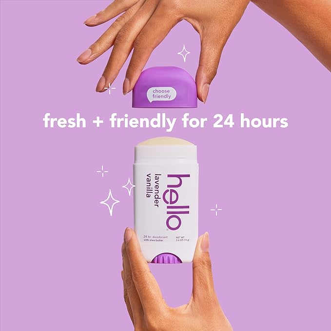 hello Lavender Vanilla Aluminum Free Deodorant for Women and Men with Shea Butter, 24-Hour Freshness, Baking Soda Free Deodorant, Dermatologically Tested, 2.6 oz Stick