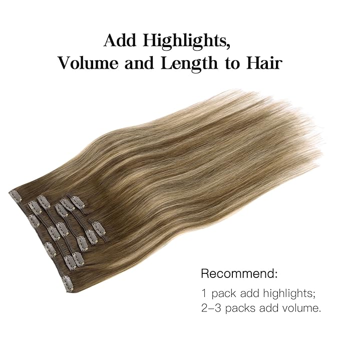 HOTBANANA Human Hair Clip in Hair Extensions, Balayage Chocolate Brown with Honey Blonde 75g Clip in Hair Extensions Real Human Hair Straight Remy Hair Clip Ins Dark Roots Ombre 12 Inch 7pcs