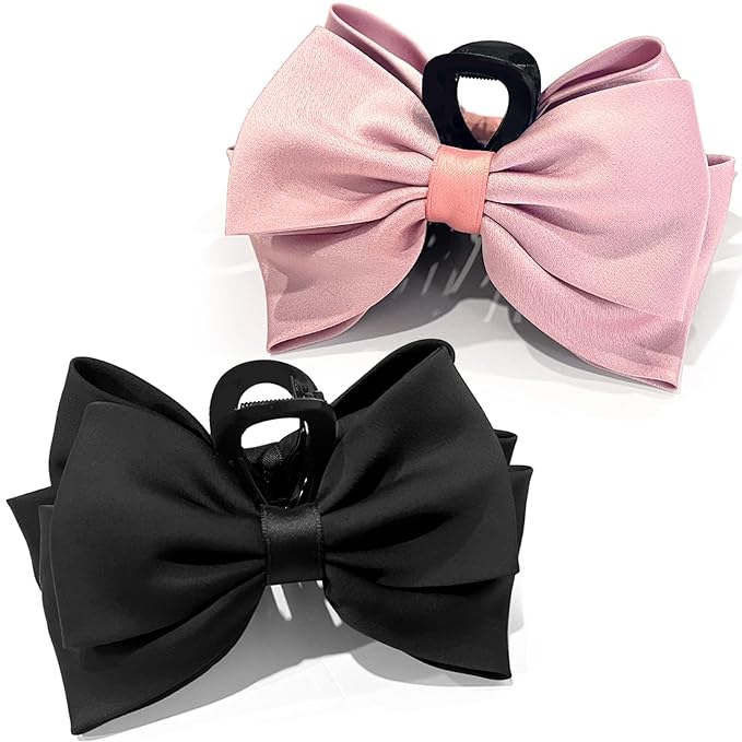 Bow Claw Clip,StrongHold Cute Bow Hair Claw Clips for Women Girls,Nonslip Silky Big Hair Bows Ribbons for Hair Claws,Large Claw Clips for Thick/Thin Hair Styling Accessories Gifts (pink,black)