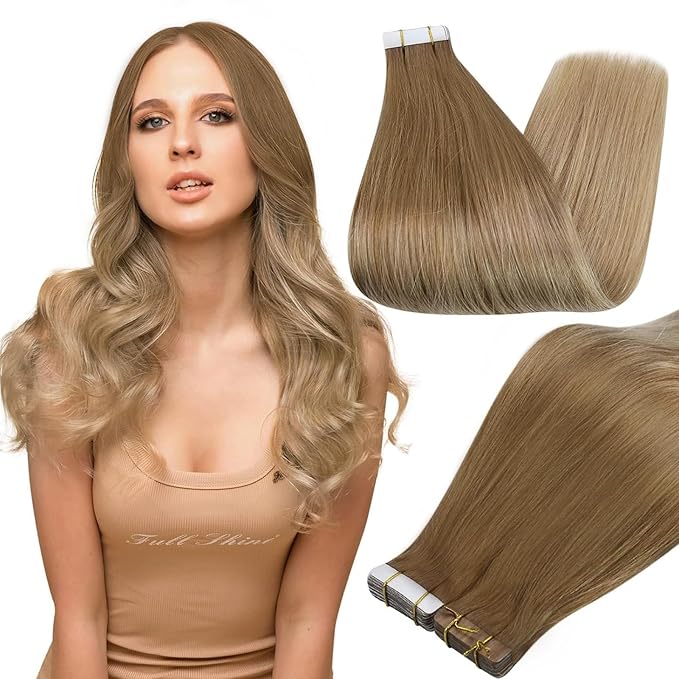Full Shine Tape in Hair Extensions Real Human Hair 20 Inch Tape in Extensions Human Hair Color 10 Golden Brown to 14 Dark Blonde Remy Balayage Hair Extensions Tape ins 20 Pcs 50 Gram Straight Hair