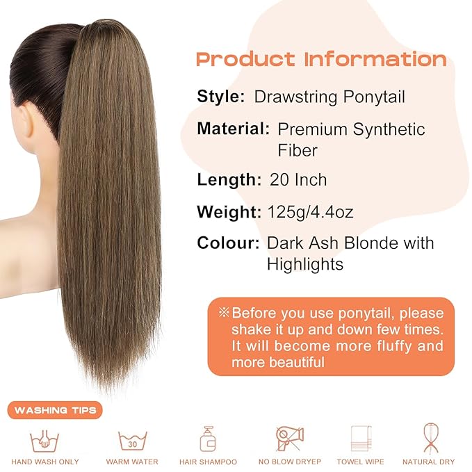 SEIKEA Ponytail Extensions Drawstring Long Straight Fake Pony Tail Natural Soft Clip in Hair Extension Synthetic Heat Resistant Hairpiece 20 Inch Dark Ash Blonde with Highlights