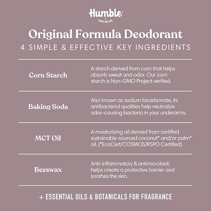 HUMBLE BRANDS Original Formula Aluminum-free Deodorant. Long Lasting Odor Control with Baking Soda and Essential Oils, Patchouli and Copal, Pack of 1