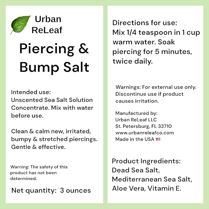 Urban ReLeaf Piercing & Bump Salt ! Unscented Sea Salt Solution Concentrate. Makes 45 Cups! Gentle Effective Clean Soothe Calm. Non-iodized. It works! Cleanse and Soak, Fresh Saline Aftercare