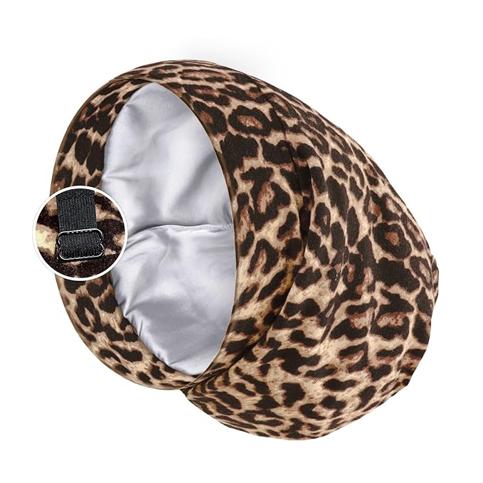 Satin Lined Sleep Cap Bonnet for Curly Hair and Braids, Stay On All Night Hair Wrap with Adjustable Strap for Women and Men, Brown Leopard, Pack of 1