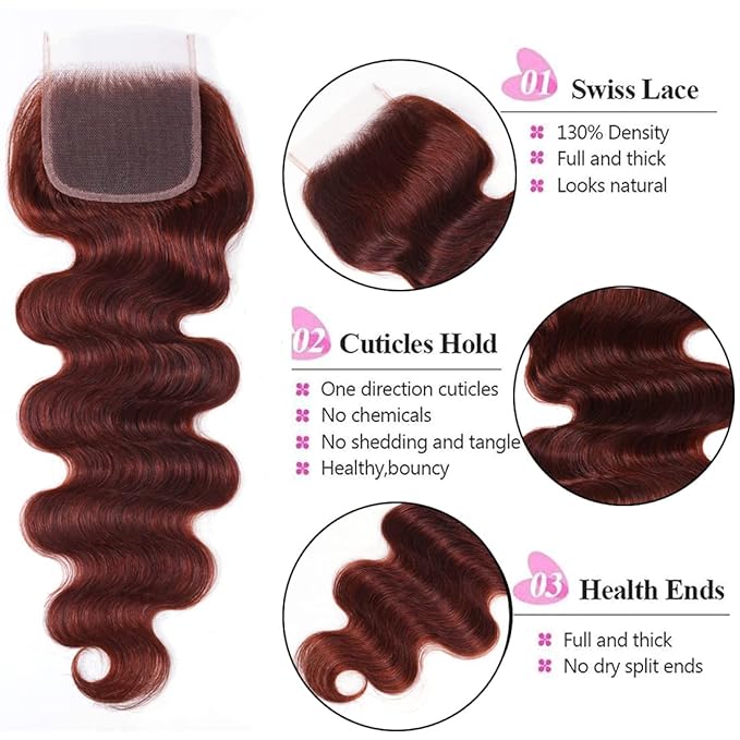 UNICE Reddish Brown Body Wave Human Hair 4x4 Lace Closure Free Part, Brazilian Human Remy Hair Auburn Brown Body Wave Human Hair Closure 33B Color 18 inch