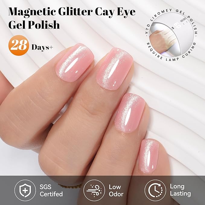 YTD Likomey Cat Eye Gel Nail Polish,Crystal 15ml Pink Magnetic Shimmer Shimmer Glitter Translucent Jelly Shiny Fall Winter Salon Home UV Nail Varnish with Magnet Stick,HEMA Free TPO Free,MY519
