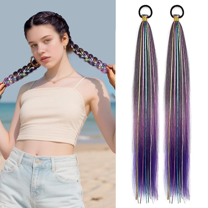 2 Pack Braid Ponytail Extensions, 26 Inch Braided Ponytail Wig with Elastic Tie for Girls (Black/Pink/Purple#, 26 Inch (Pack of 2))