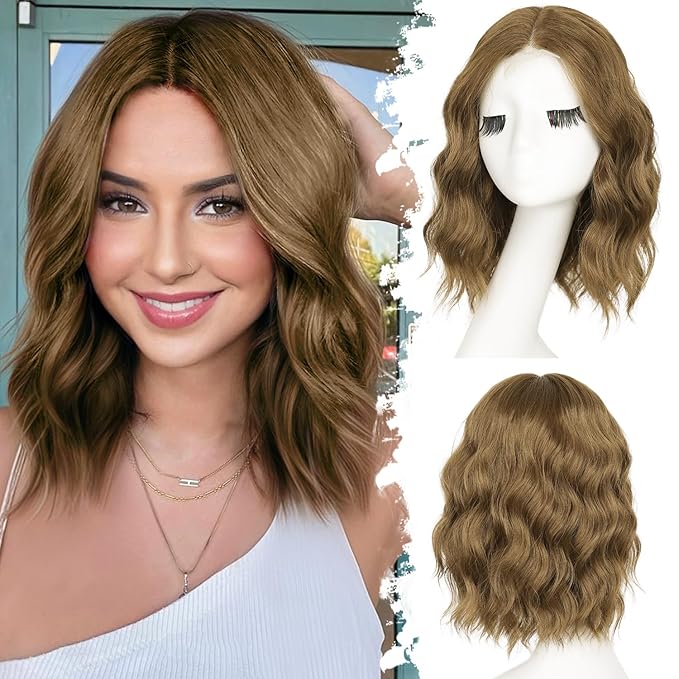 Light Ash Brown Short Wavy Wig for Women Lace Hairline Bob Style Synthetic Heat Resistant - Natural Appearance for Everyday Hairstyle 14 Inch