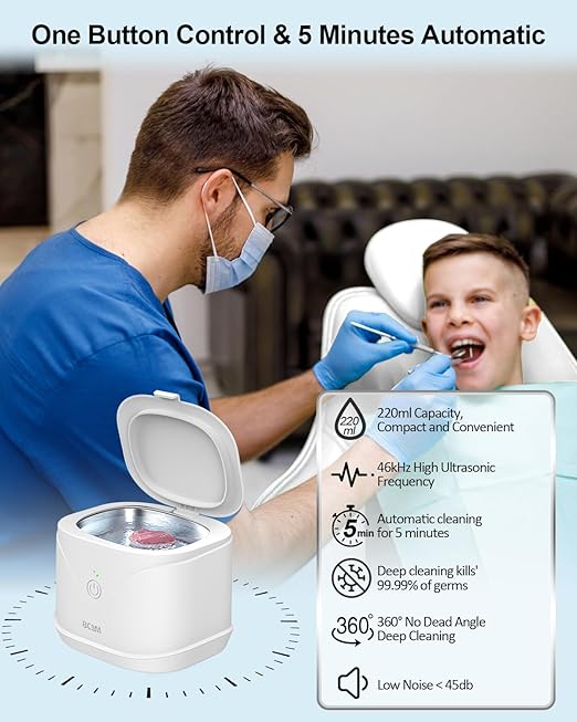 BCOM Retainer Cleaner,Ultrasonic Retainer Cleaner 46kHz Jewelry & Retainer Cleaner,2 in 1 Soinc Machine Dental Cleaning Pod Professional Portable for Retainer,Mouth Guard, Ring and Jewelry Xmas Gift