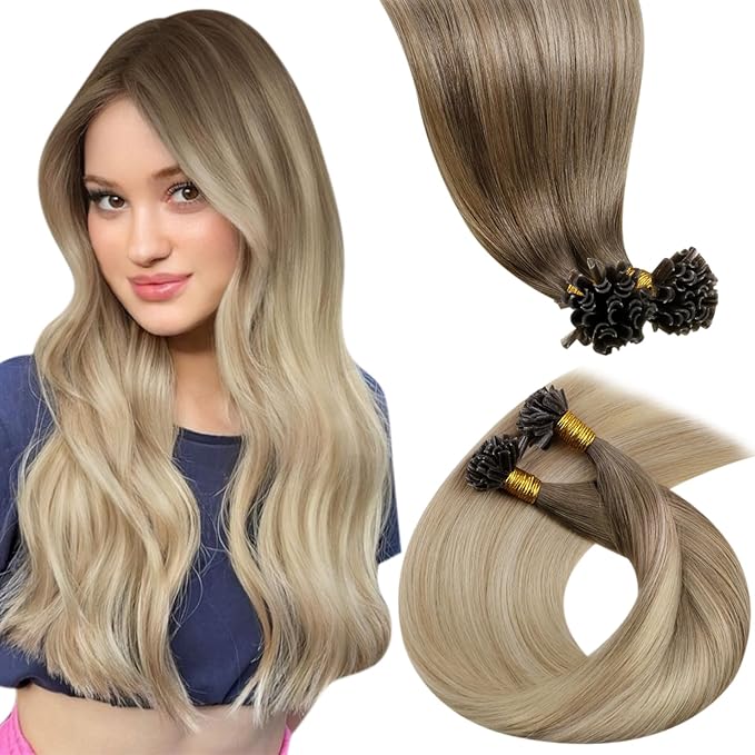 LaaVoo K Tip Hair Extensions Real Human Hair U Tip Hair Extensions Light Brown to Ash Blonde Mix Platinum Blonde Balayage Ktip HumanHair Extensions 100g 1g/s 24 inch