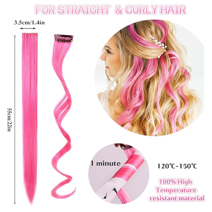 12 PCS Pink Hair Extensions Clip in, 22" Colored Highlights, Synthetic Straight Hair Piece DIY Accessories for Daily Party (PeachRed)