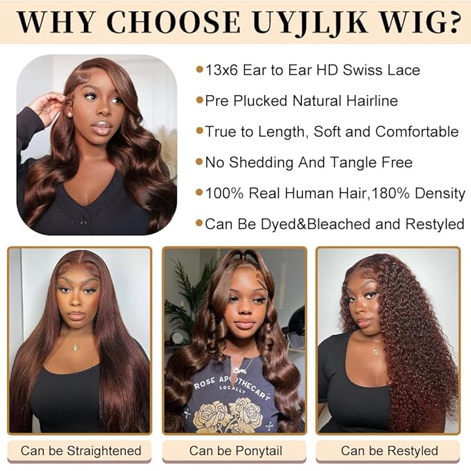 36 Inch Chocolate Brown Lace Front Wig Human Hair 13x6 Body Wave Pre Plucked HD Transparent Colored Glueless Human Wigs With Baby Hair for Women