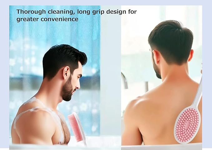 14.5inch Silicone Back Scrubber for Shower 2pcs（Blue）,Exfoliating Shower Brush,Double Sided for Exfoliating and Massage，Long Handle Back Scrubber for Men and Women. Includes 2 Hooks (Include Hook)