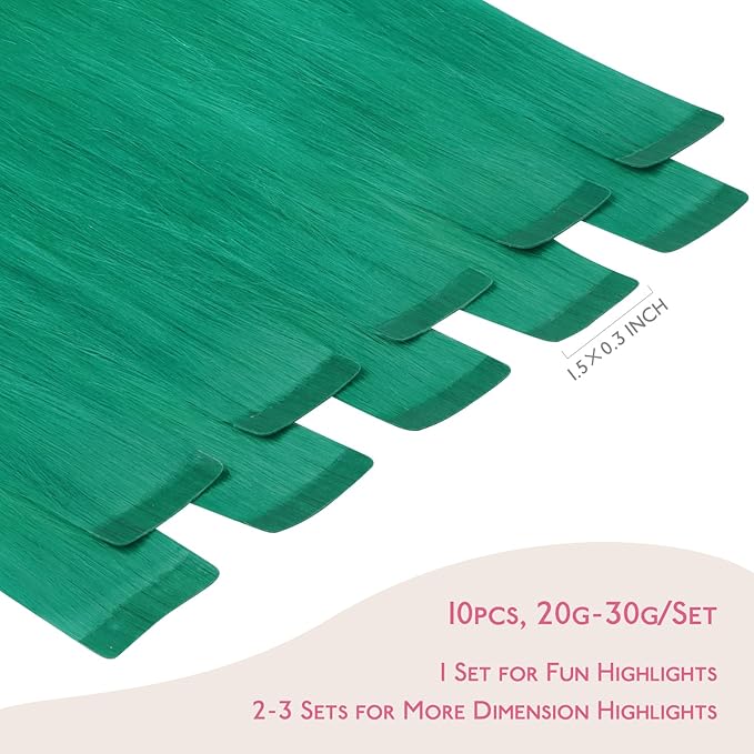 WENNALIFE Tape in Hair Extensions Human Hair Green Tape in Extensions, 10pcs 30g 26 inch Remy Invisible Tape Ins Straight Colored Soft Real Human Hair Tape in Extensions Refill Set Extensions