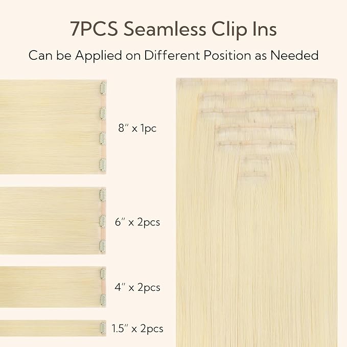 HOTBANANA Seamless Clip in Hair Extensions 16 inch 130g 7pcs Bleach Blonde Clip in Remy Human Hair Extensions Straight Hair Invisible PU Skin Weft
