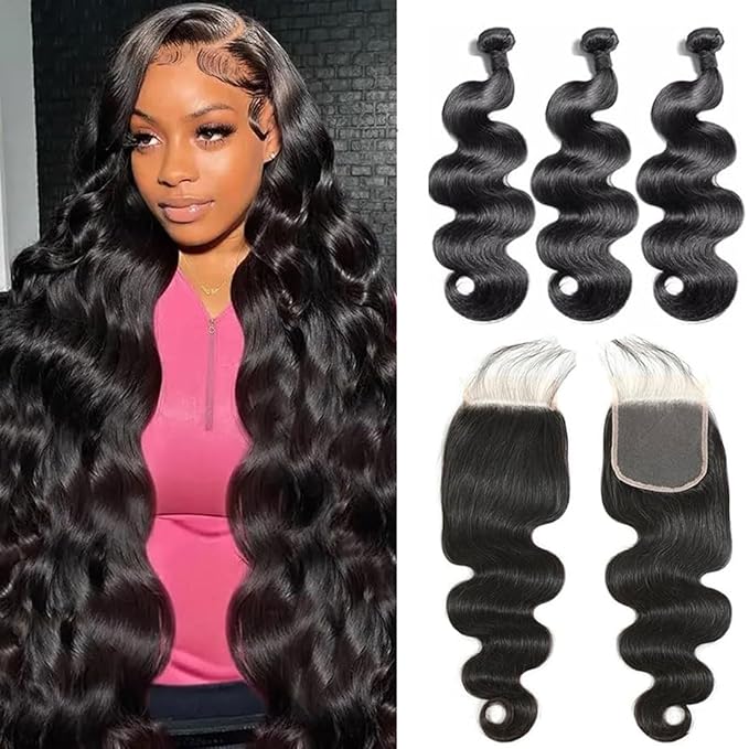 12A Human Hair Bundles with Closure 18 20 22+16 Inch Body Wave Bundles Human Hair Unprocessed Brazilian Virgin Hair Bundles with 4x4 Lace Closure for Women Natural Color
