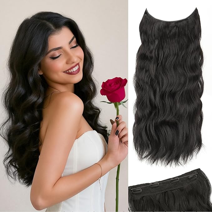 Black Invisible Wire Hair Extensions Long Wavy Synthetic Hairpiece with 4 Secure Clips for Women 20 Inch Clip in Hair Extensions