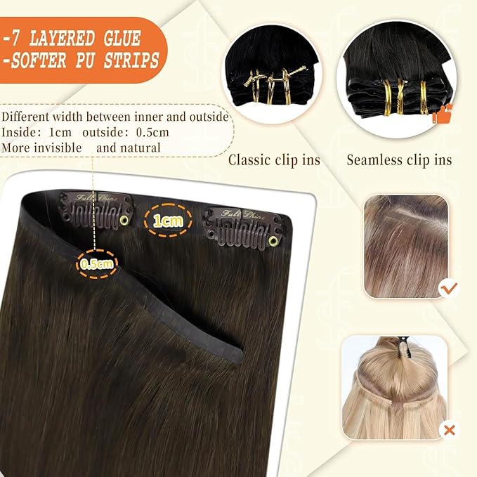 Full Shine Clip in Hair Extensions 24 inch 160g 8Pcs Seamless Clip in Hair Extensions Brown Remy Hair Clip ins for Women PU Skin Weft